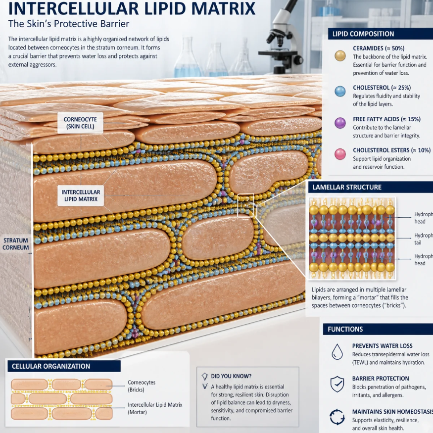 Illustration of the skin barrier's brick-and-mortar structure, showing corneocytes as bricks and the intercellular lipid matrix as lipid mortar.
