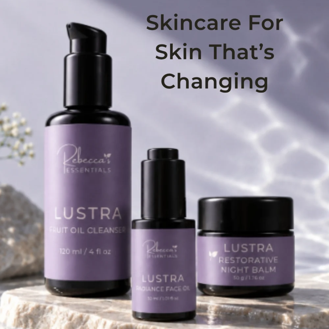 The Essential Trio with water ripple background and text overlay of Skincare for Skin That's Changing.