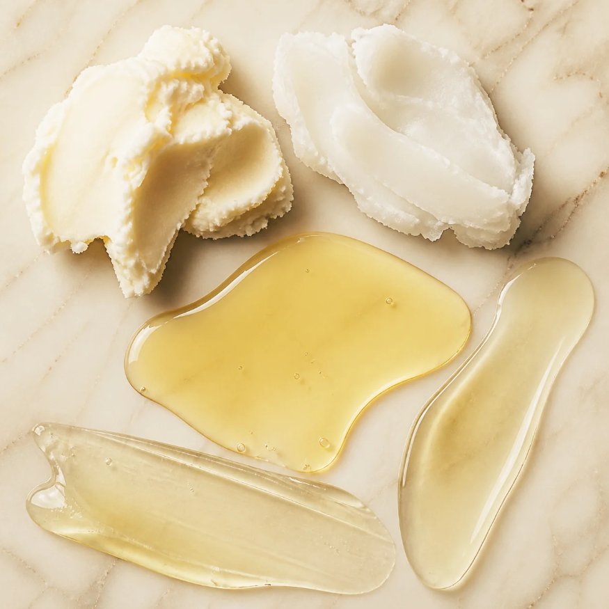 Luxury anhydrous skincare ingredients showing thick botanical balms, golden oils, and plant-derived lipids on a marble background.